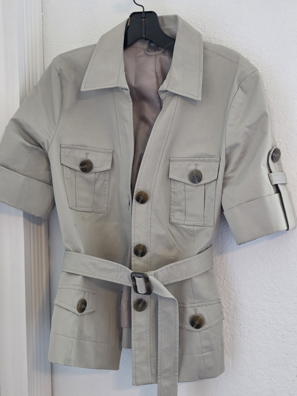Kenneth Cole Reaction Light Gray Short-Sleeve Belted Utility Jacket